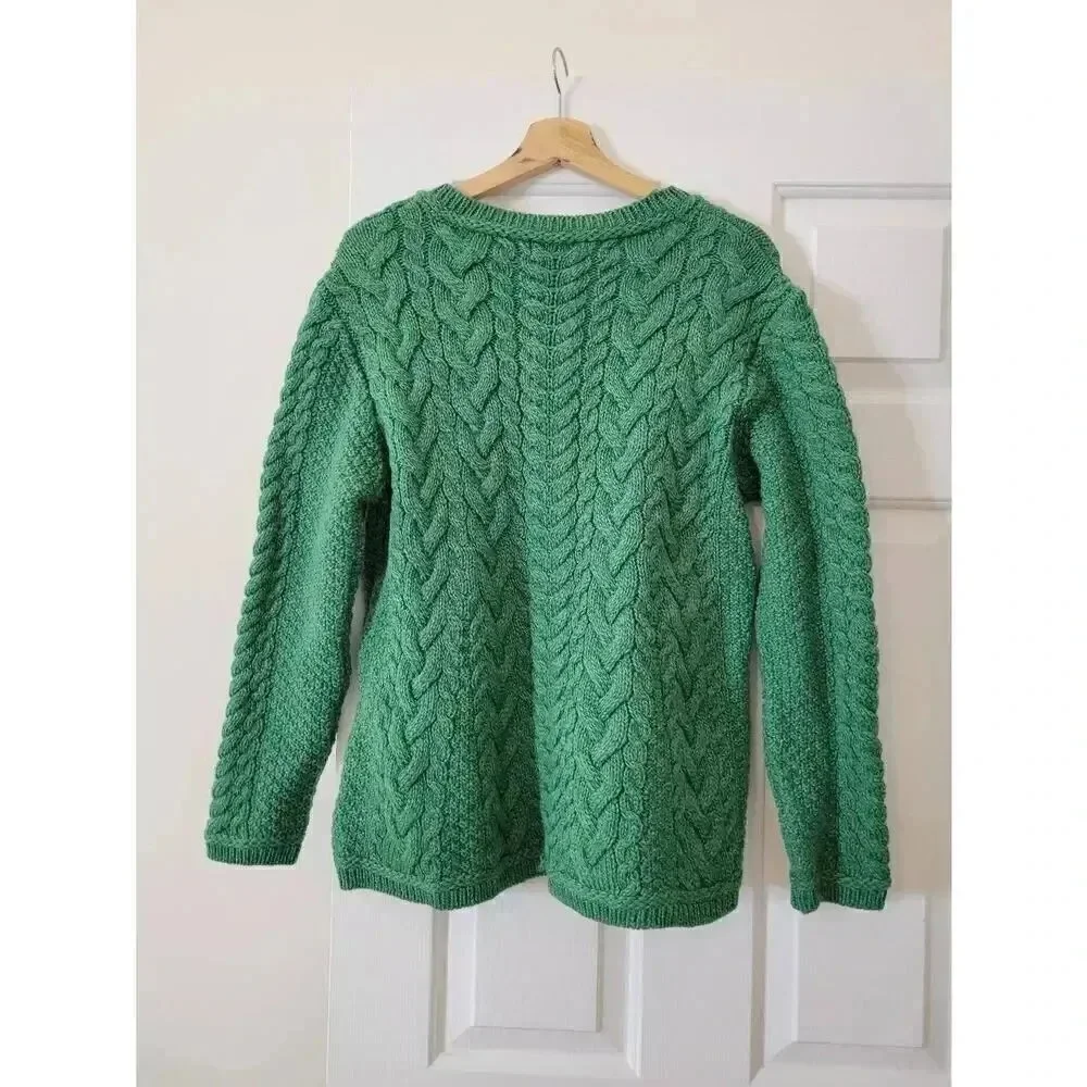 Irelandseye knitwear Primrose A-Line Cable Round Neck Sweater Green Marl L NWT $